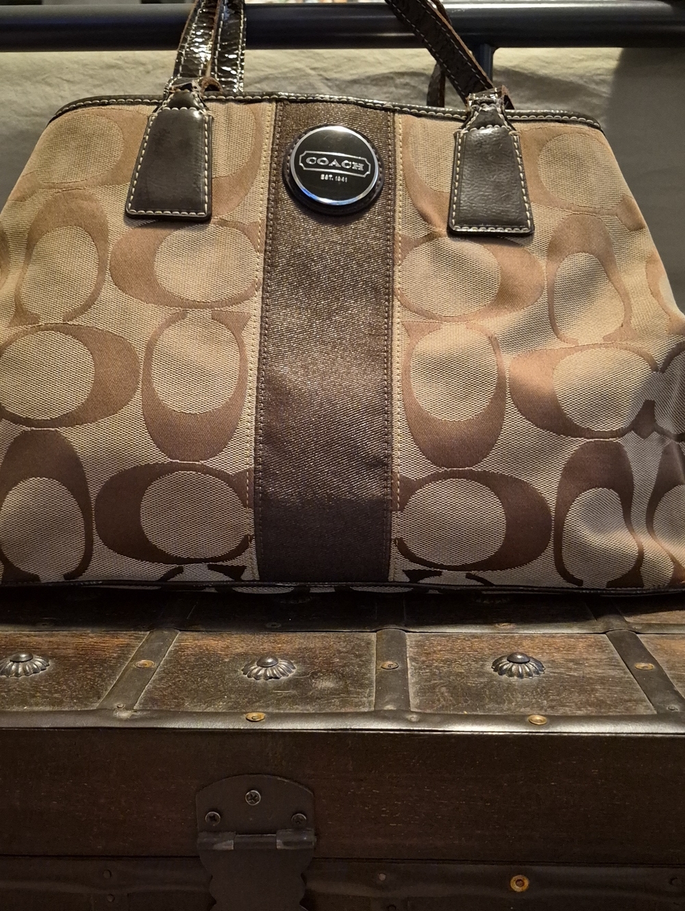 Coach Vintage Brown Signature Jacquard Canvas Carryall Tote Bag